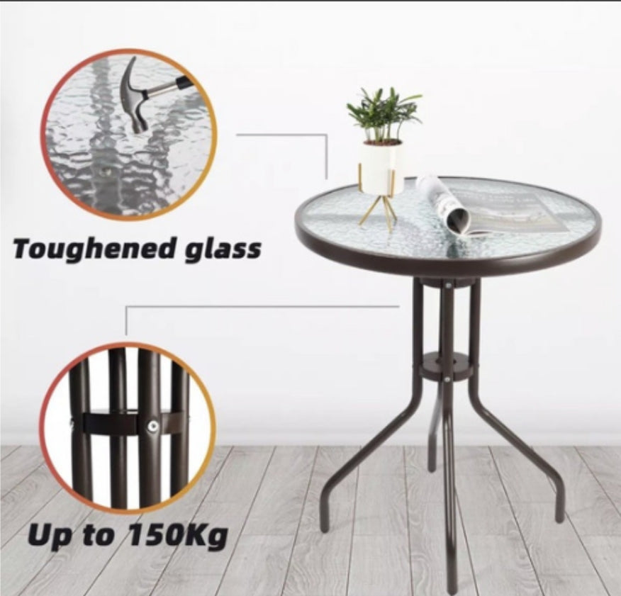 Elegant Outdoor Dining Set - 2 Bistro Chairs + 60cm Steel/Glass Round Table