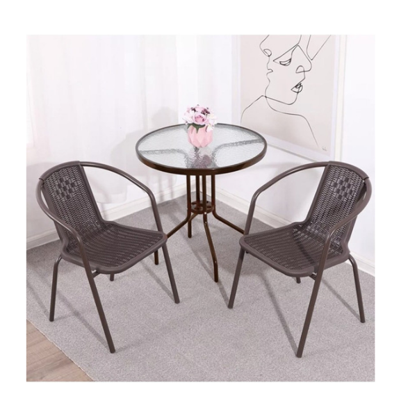 Elegant Outdoor Dining Set - 2 Bistro Chairs + 60cm Steel/Glass Round Table