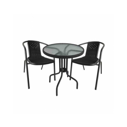 Elegant Outdoor Dining Set - 2 Bistro Chairs + 60cm Steel/Glass Round Table